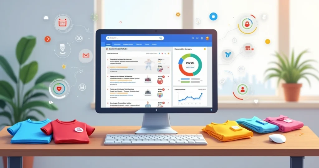 Computador com campanha Google Ads aberta e camisetas personalizadas exibidas ao lado