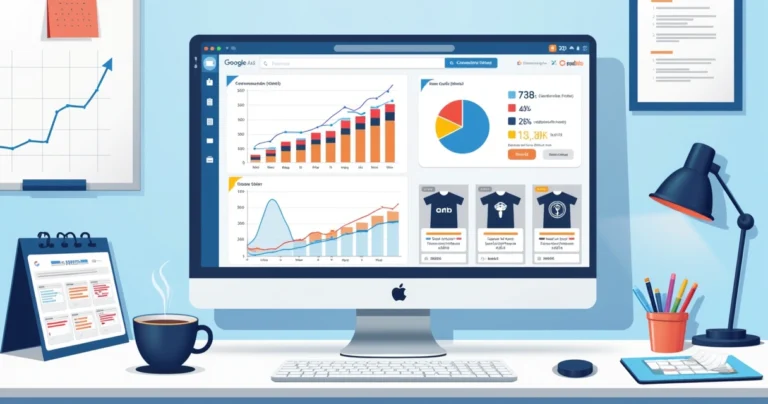 Computador exibindo campanha de Google Ads para camisetas personalizadas com gráficos e vendas em alta